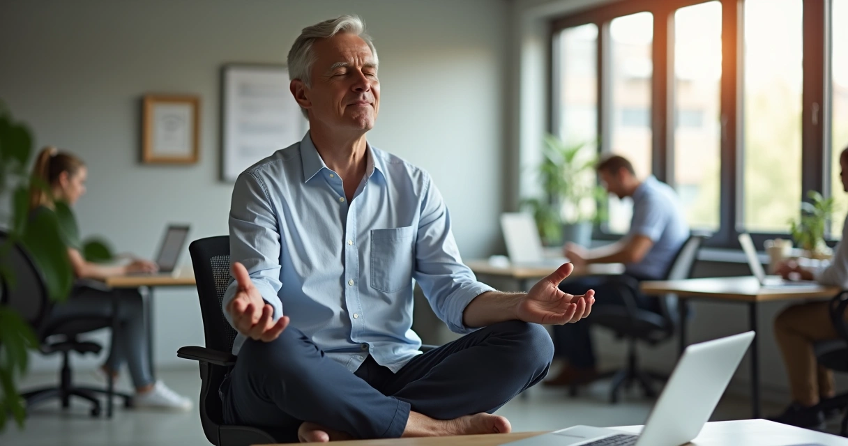 Pessoa sentada meditando em ambiente de trabalho