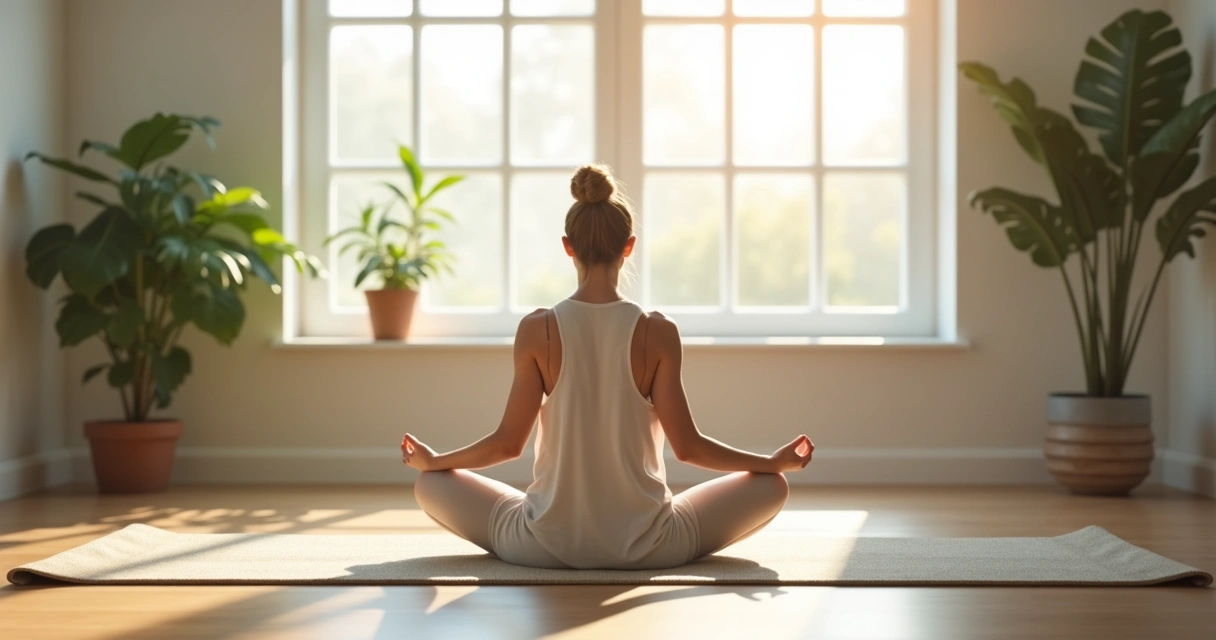 Pessoa sentada em posição de meditação em ambiente tranquilo 