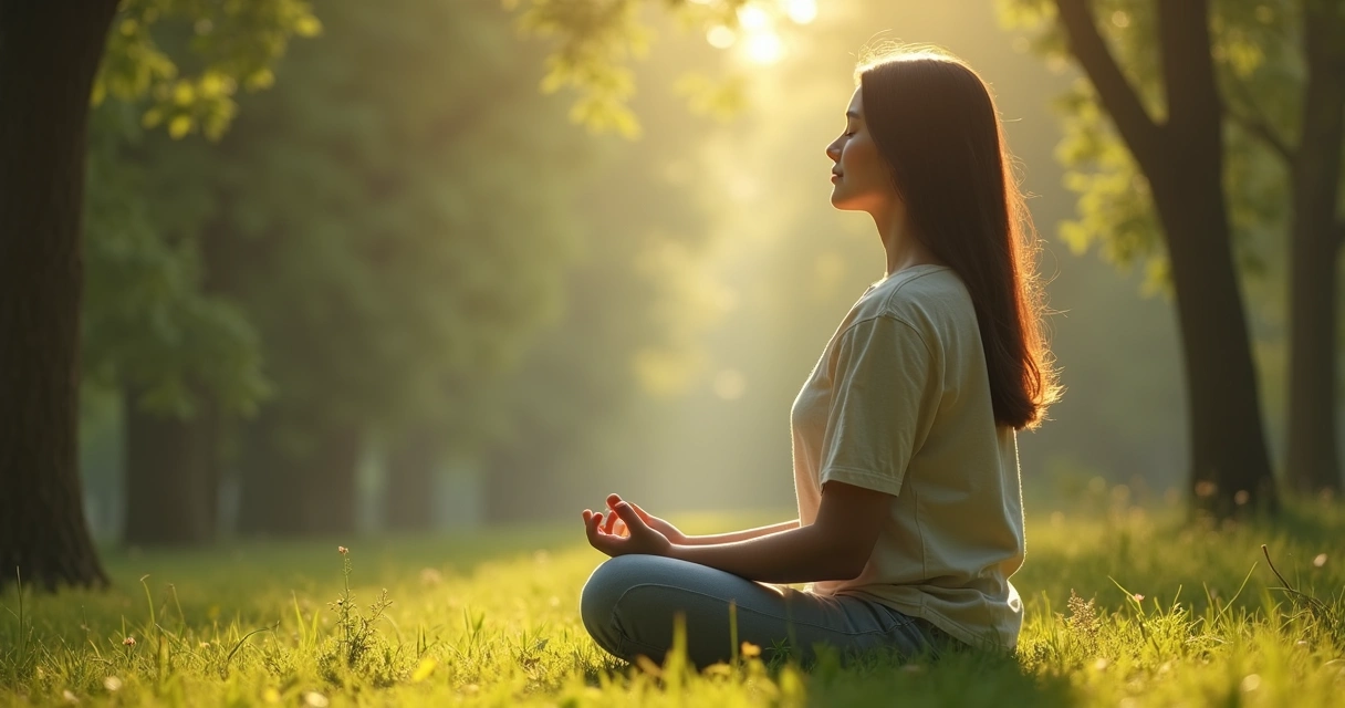 Pessoa sentada meditando ao ar livre com fundo de árvores 