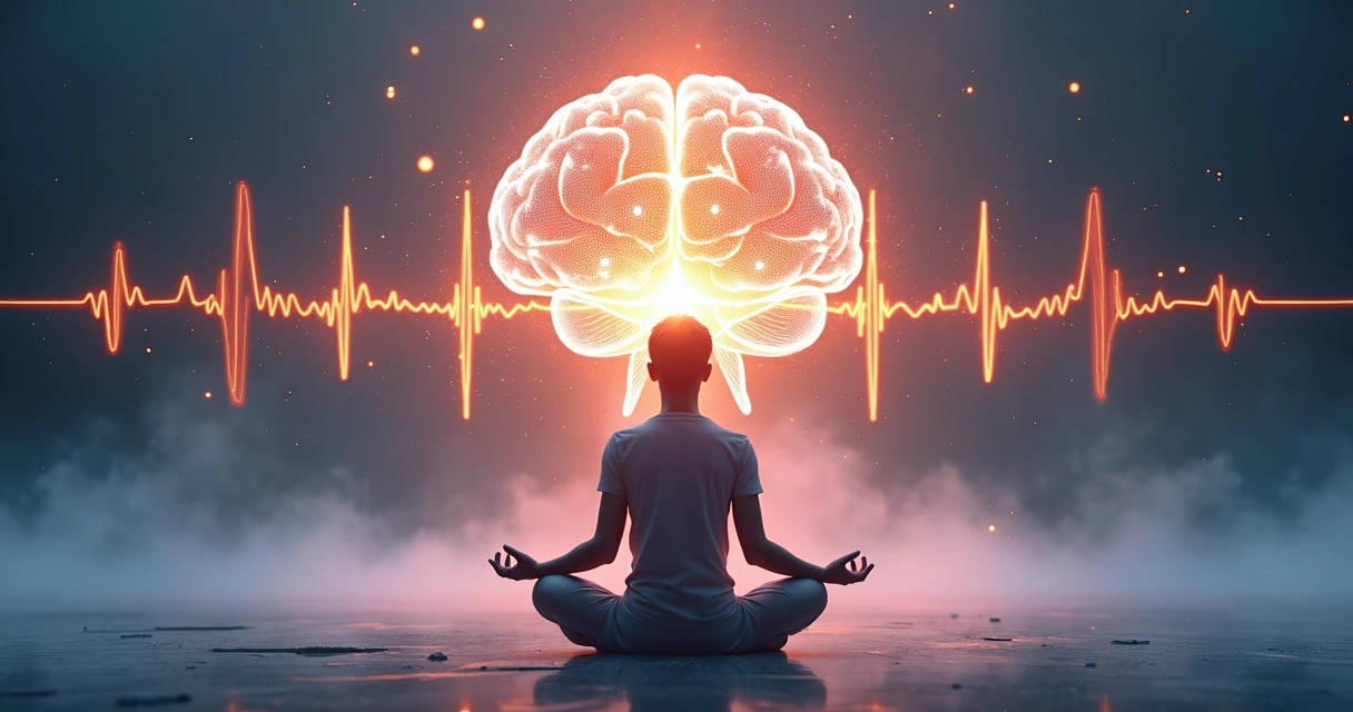 Pessoa sentada em meditação, envolvida por uma arquitetura de luz simulando ondas cerebrais, ambiente sereno e tons claros 