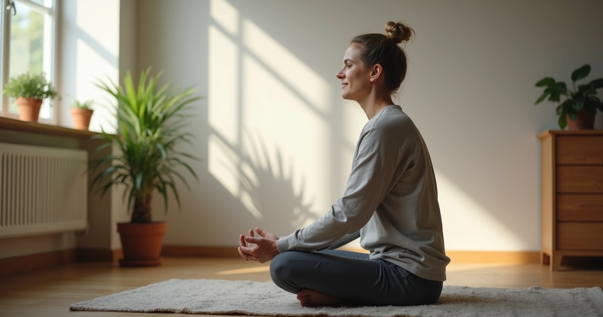 Pessoa sentada meditando em uma cadeira, em ambiente calmo 