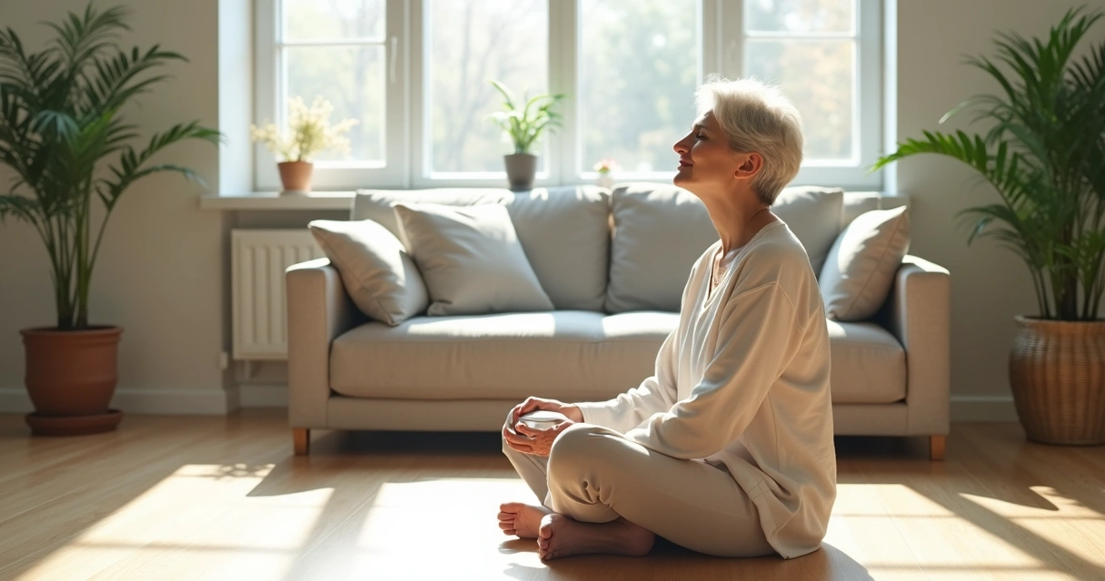 Pessoa sentada em posição de meditação em sala de estar 