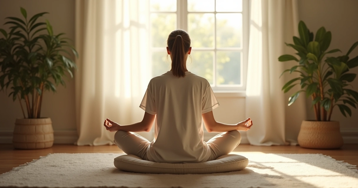 Pessoa sentada meditando em casa junto à janela