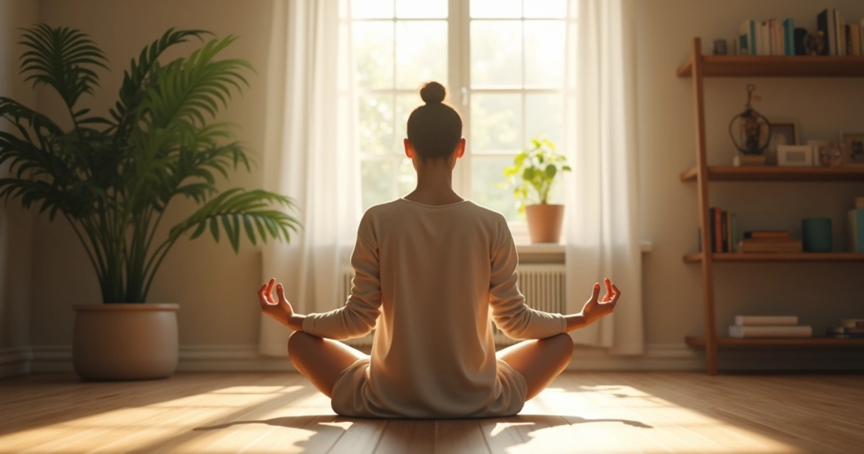 Pessoa sentada ao chão em posição de meditação em sala iluminada por luz natural 