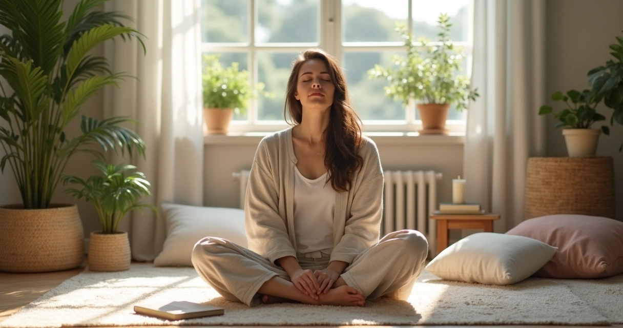 Pessoa sentada meditando em casa, ambiente tranquilo com plantas 