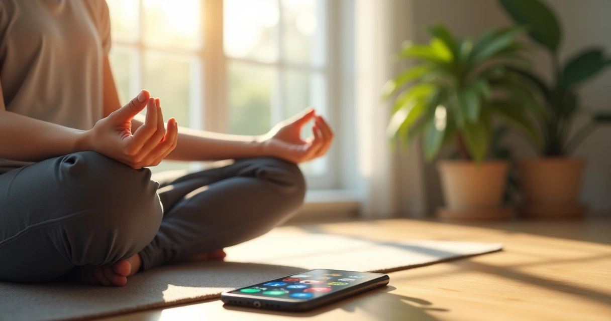 Pessoa meditando próximo a um celular com aplicativos de redes sociais 
