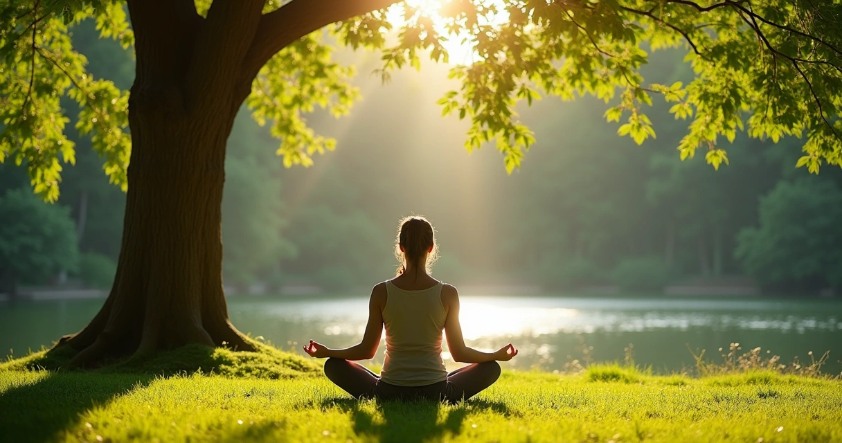 Pessoa sentada sozinha no parque, meditando em meio à natureza. 