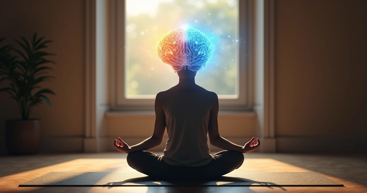 Pessoa sentada meditando, com brilho no cérebro sugerindo ativação cerebral