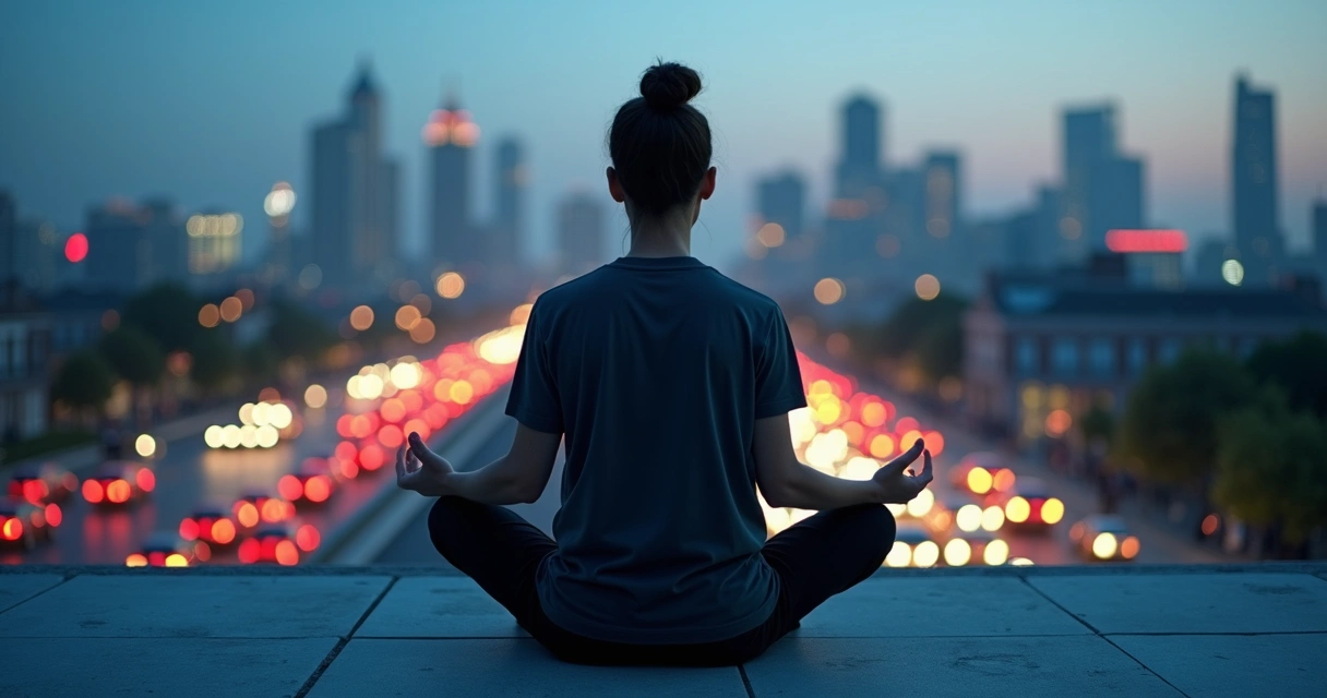 Pessoa sentada em meditação em ambiente urbano ao anoitecer 