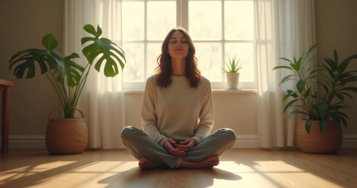 Pessoa sentada meditando em um ambiente tranquilo, olhos fechados e mãos no colo 