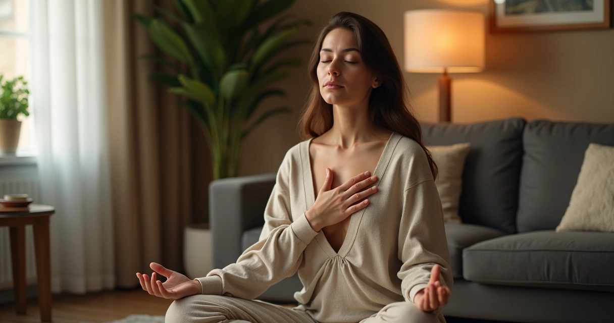 Pessoa meditando em posição confortável e atento ao próprio corpo