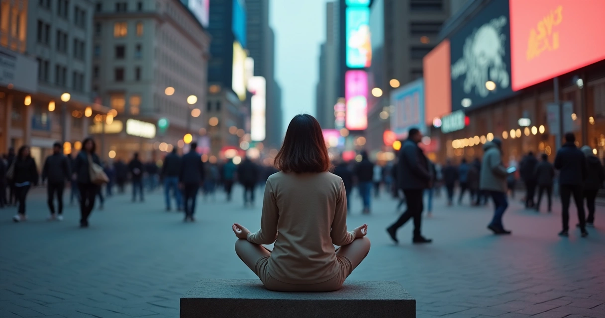 Pessoa sentada meditando em meio a cidade caótica ao fundo 