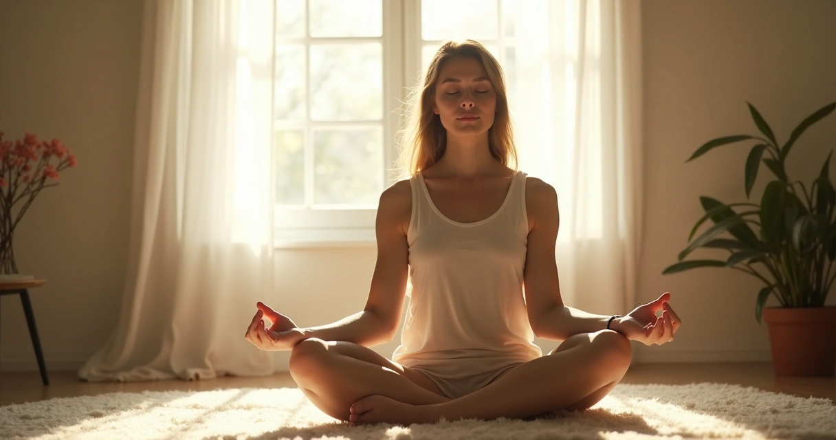 Pessoa sentada em posição de meditação próximo à janela com luz suave 