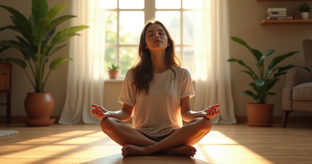 Pessoa sentada em silêncio na sala de casa com luz natural suave
