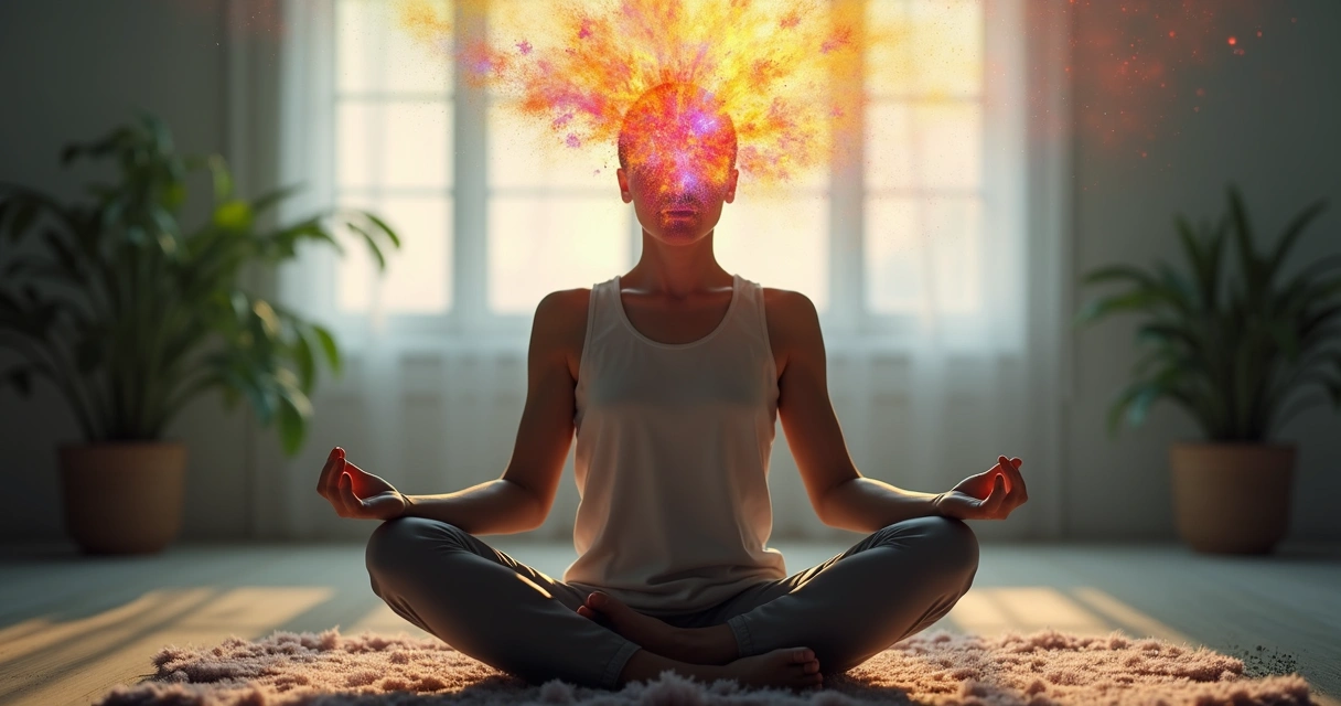 Pessoa meditando sentada e raios de luz coloridos ao redor da cabeça 