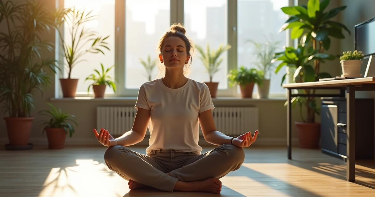Pessoa sentada em postura de meditação em escritório 