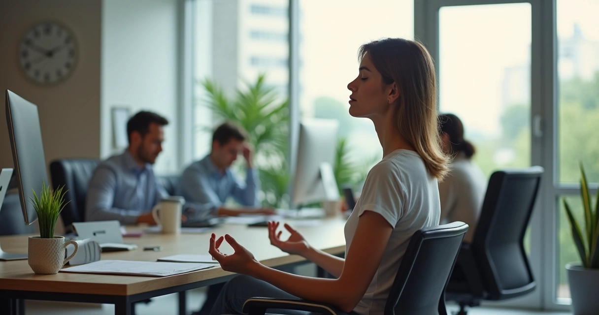Pessoa sentada meditando em cadeira de escritório diante de mesa de trabalho 