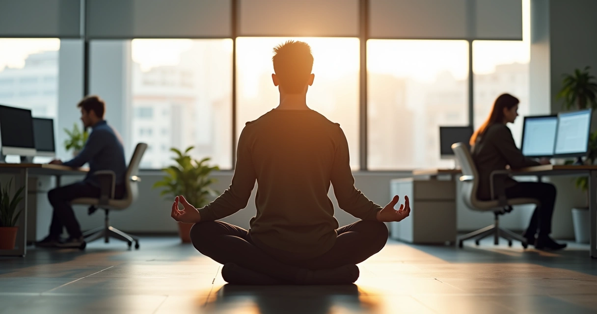 Pessoa sentada em posição de meditação em um escritório moderno, ambiente iluminado por luz natural, computadores ao fundo em estações de trabalho, expressão tranquila no rosto