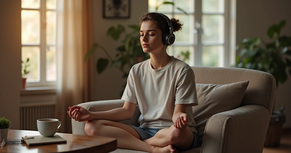 Pessoa sentada com fones de ouvido meditando em ambiente doméstico