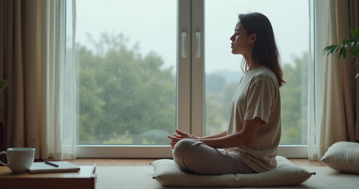 Pessoa sentada meditando ao lado de janela grande em momento de frustração consciente 