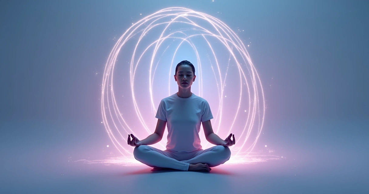 Pessoa sentada meditando com olhos fechados, luz suave representando intuição 