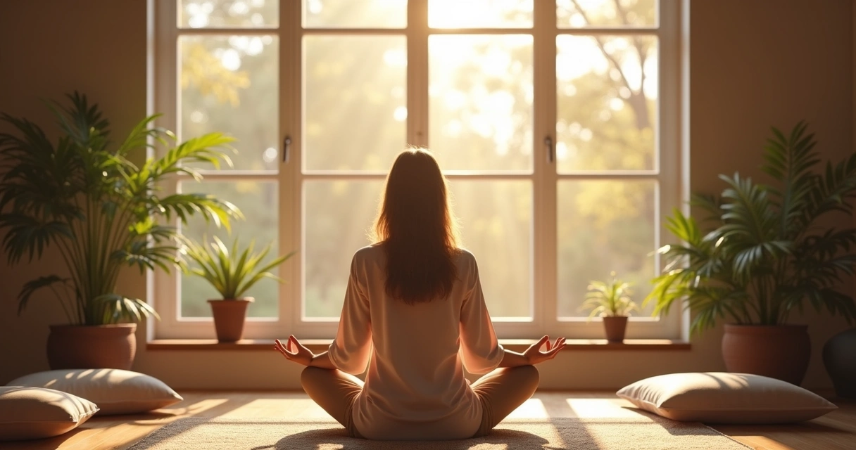 Pessoa meditando junto a uma janela com luz natural 