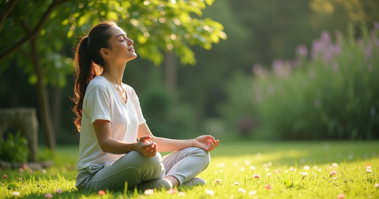 Pessoa sentada meditando em um jardim com expressão tranquila. 