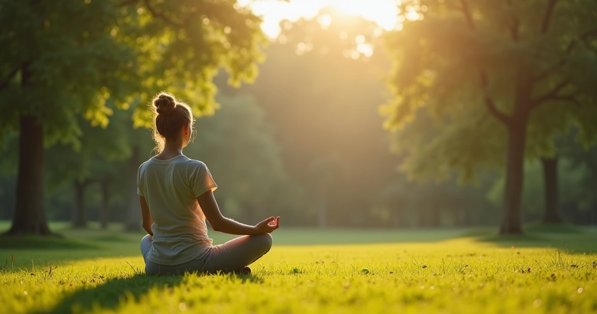Pessoa sentada meditando em um jardim sob luz suave
