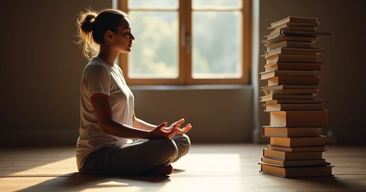 Pessoa sentada meditando ao lado de uma pilha de livros. 