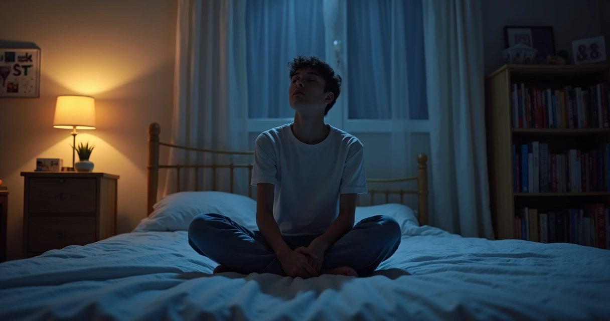 Pessoa sentada meditando em frente a uma luminária suave