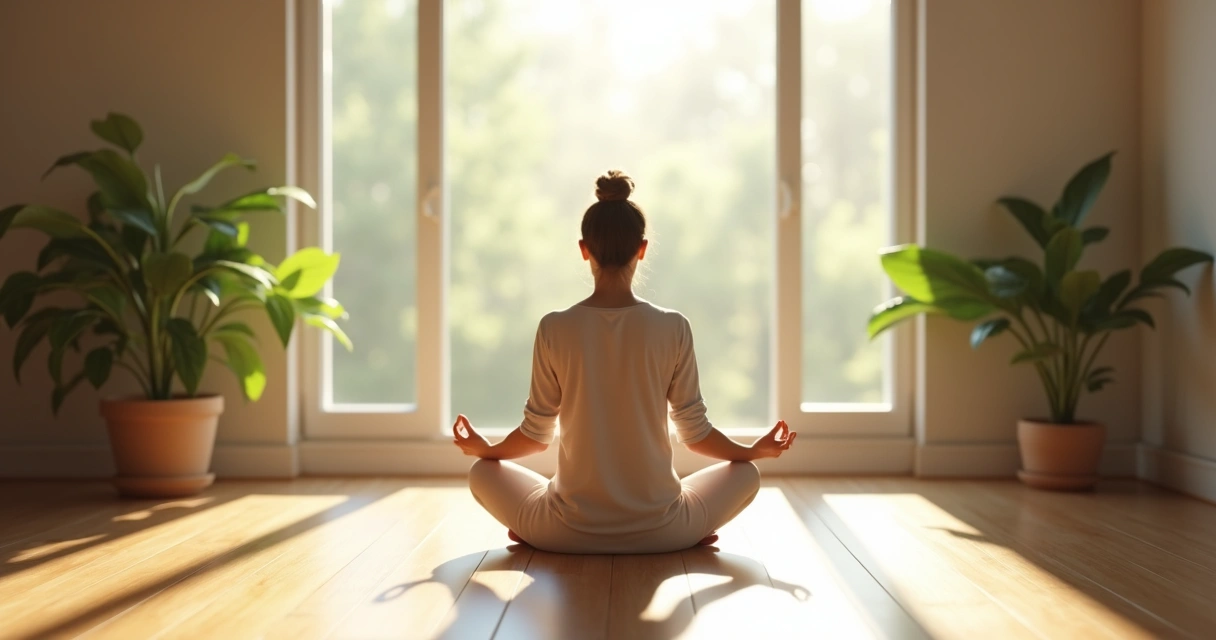 Pessoa sentada meditando em ambiente com luz natural