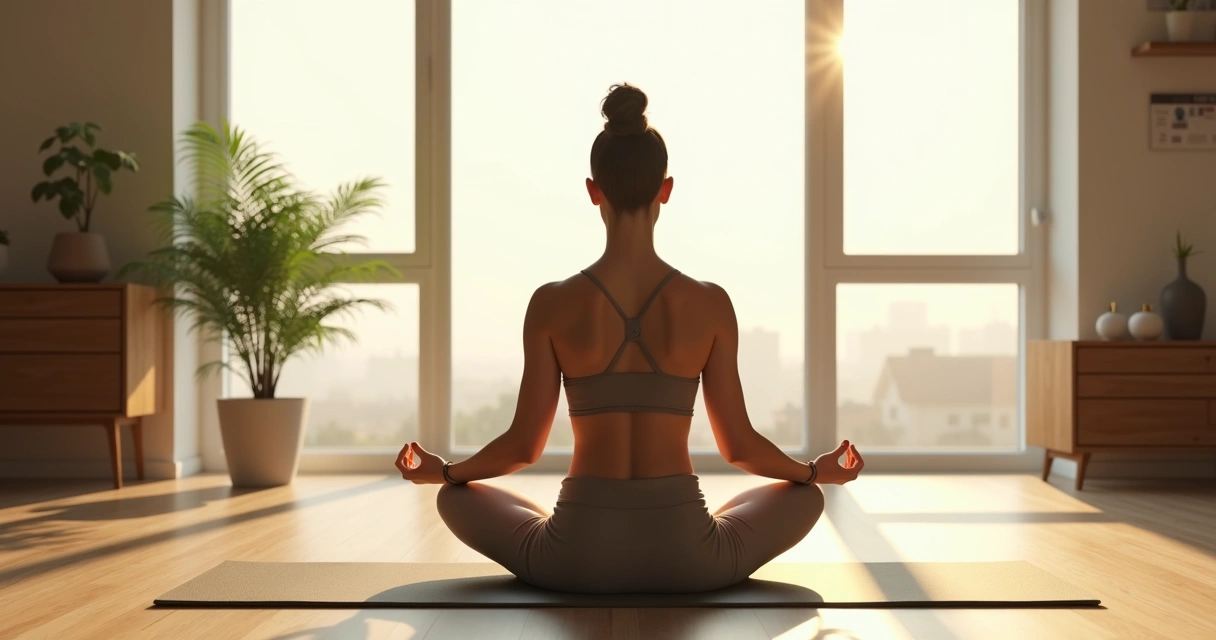 Pessoa meditando perto de janela com luz natural 