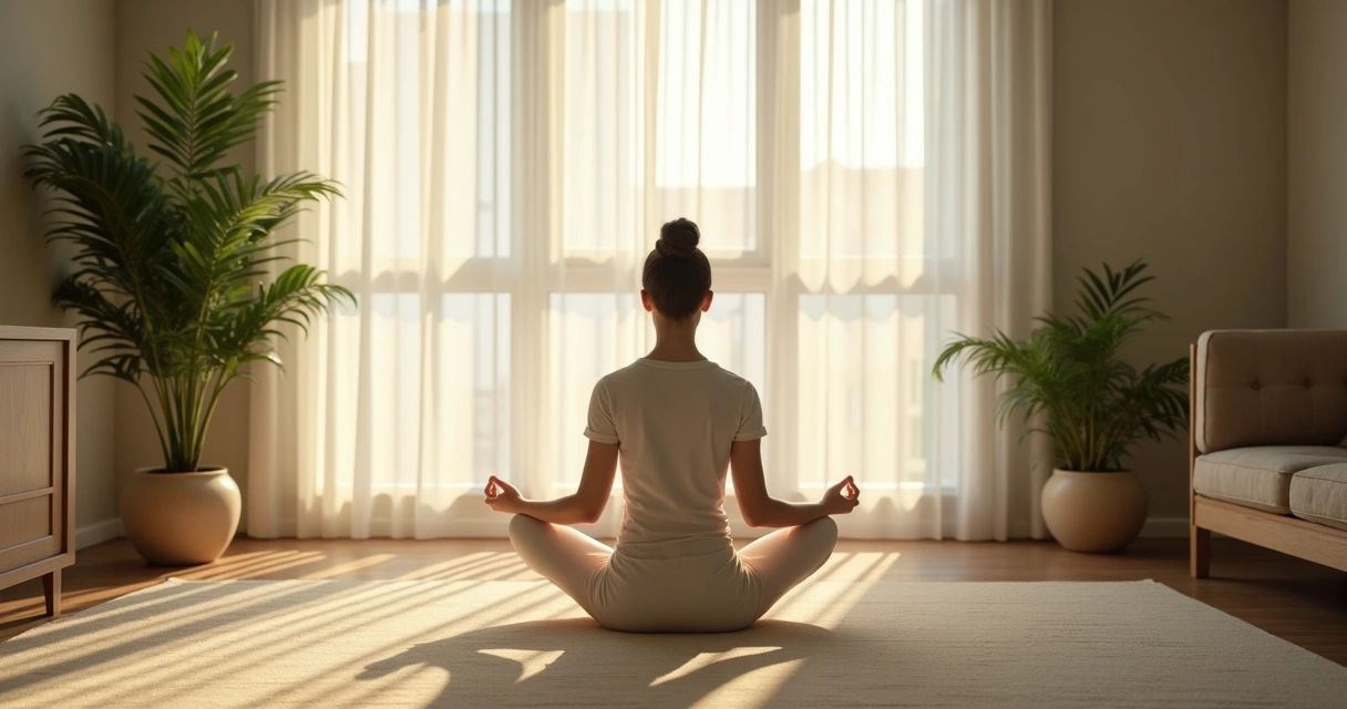 Pessoa sentada meditando em ambiente tranquilo e iluminado 