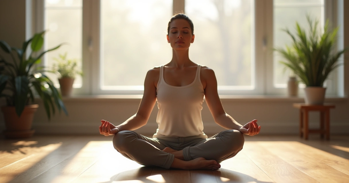 Pessoa sentada em posição de meditação com luz suave em volta 
