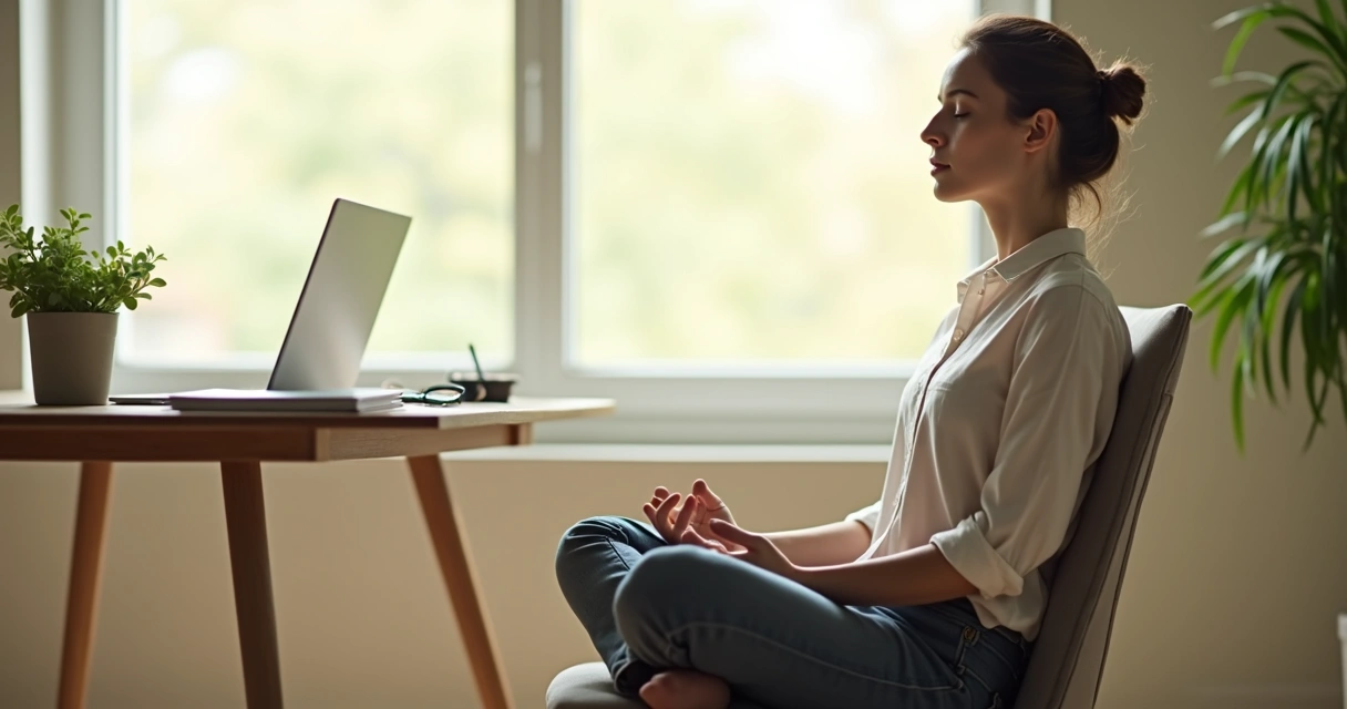 Pessoa sentada em cadeira de escritório, de olhos fechados, meditando ao lado de mesa com notebook e bloco de notas