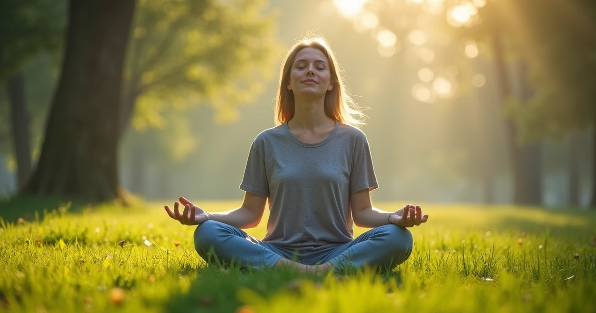 Pessoa sentada meditando em ambiente natural, olhos fechados, expressão serena, com vegetação ao redor