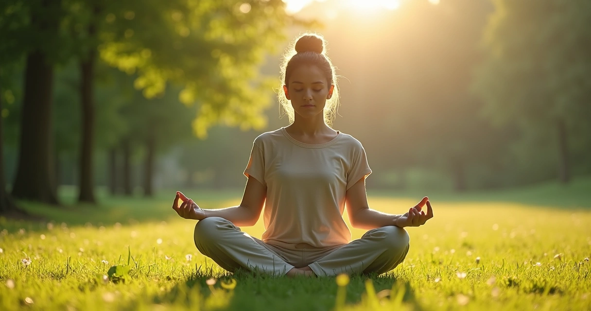 Pessoa sentada meditando em meio à natureza com árvores ao fundo 