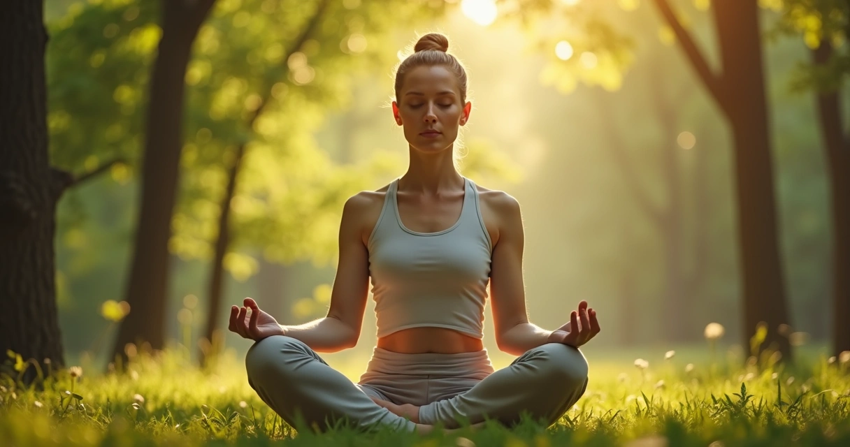 Pessoa meditando sentada em posição de lótus ao ar livre sob árvores. 