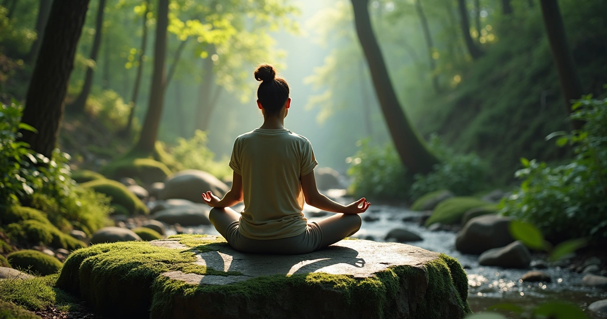 Pessoa sentada em posição de meditação em meio à natureza