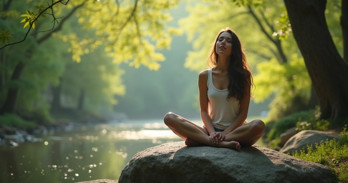 Pessoa meditando de olhos fechados em ambiente natural, sentada sobre pedra