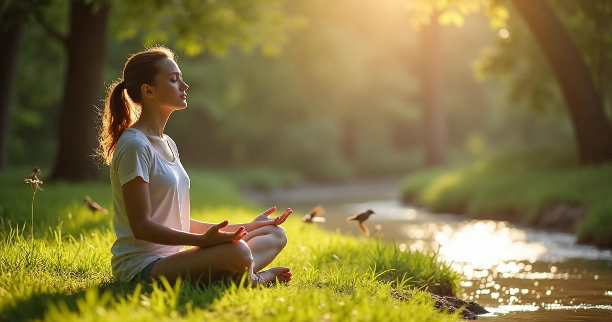 Pessoa sentada meditando em contato com a natureza, cenário de tranquilidade
