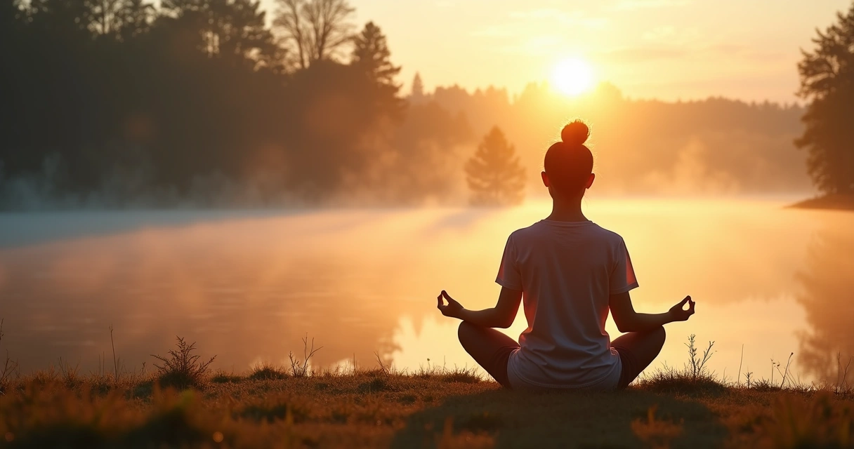 Pessoa sentada meditando em meio à natureza 