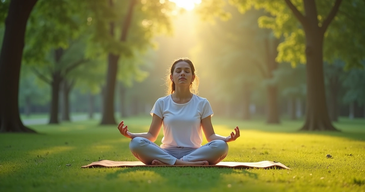 Pessoa sentada em posição de meditação em meio à natureza, com expressão serena 