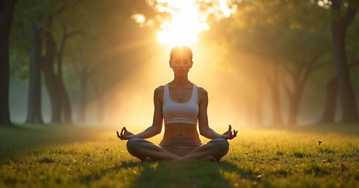 Pessoa sentada meditando ao ar livre, cercada por árvores e luz suave de manhã 
