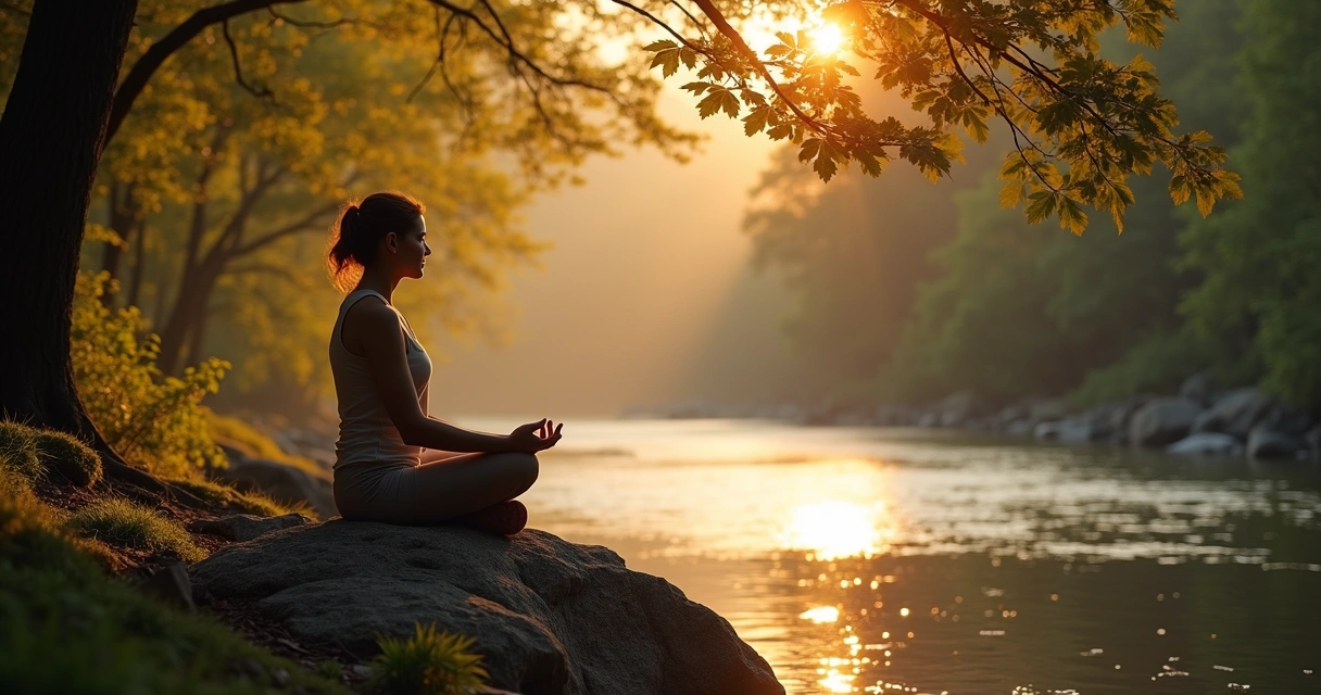 Pessoa meditando em meio à natureza, luz suave ao entardecer. 