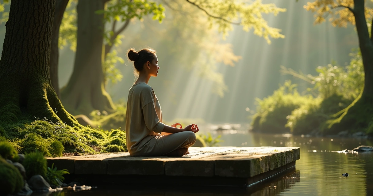 Pessoa sentada meditando ao ar livre junto à natureza