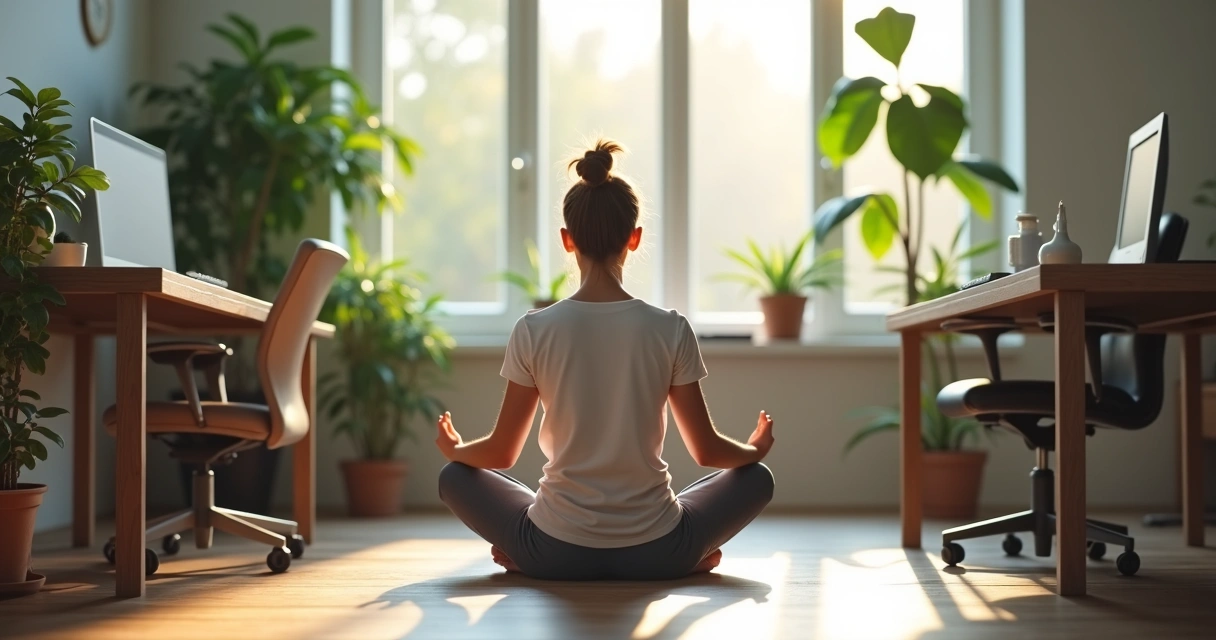 Pessoa sentada meditando tranquilamente em uma sala de escritório, cercada de mesas e computadores. 
