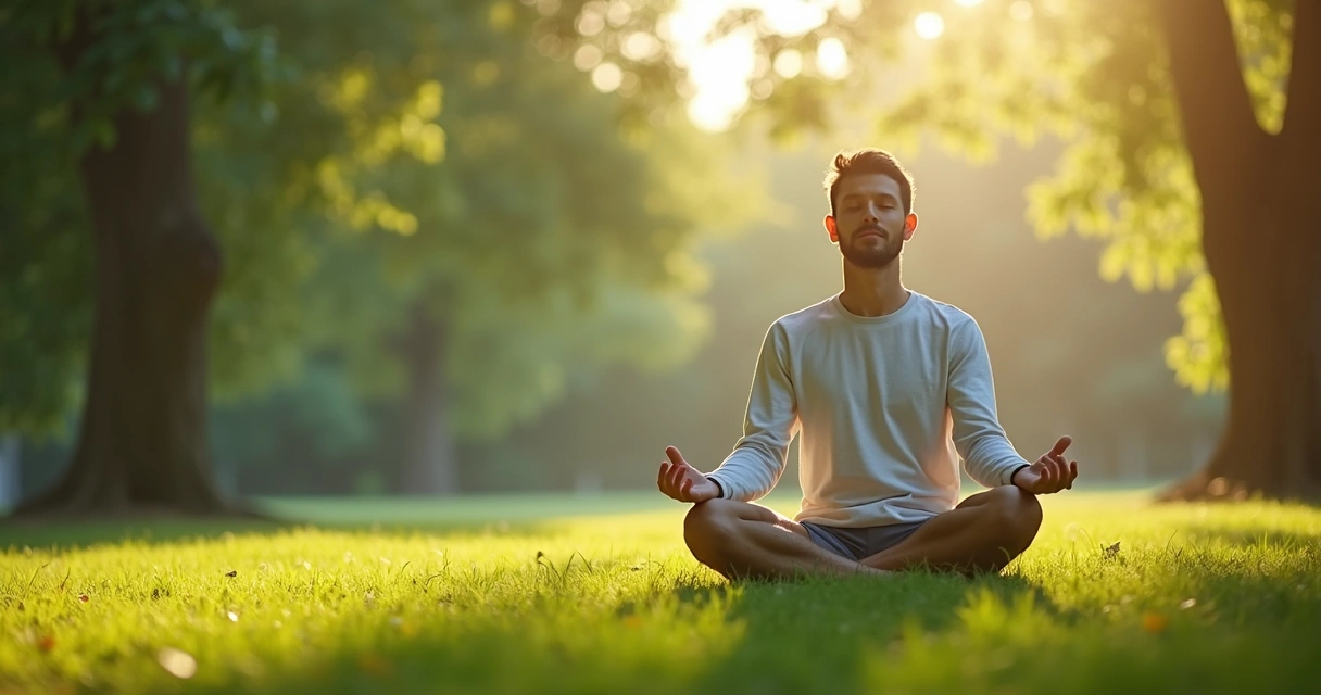 Pessoa sentada em posição de meditação em parque arborizado 