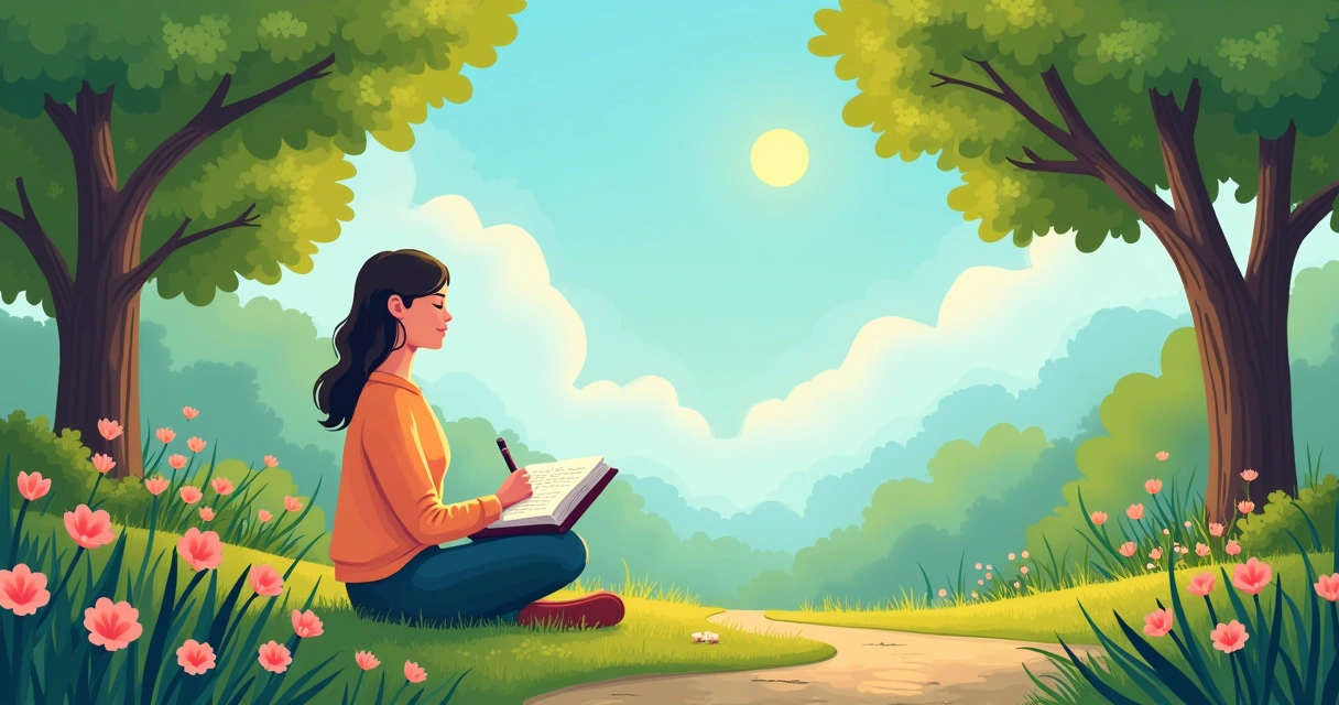 Uma pessoa meditando em um parque, com um livro de oráculos e um diário, cercada pela natureza.