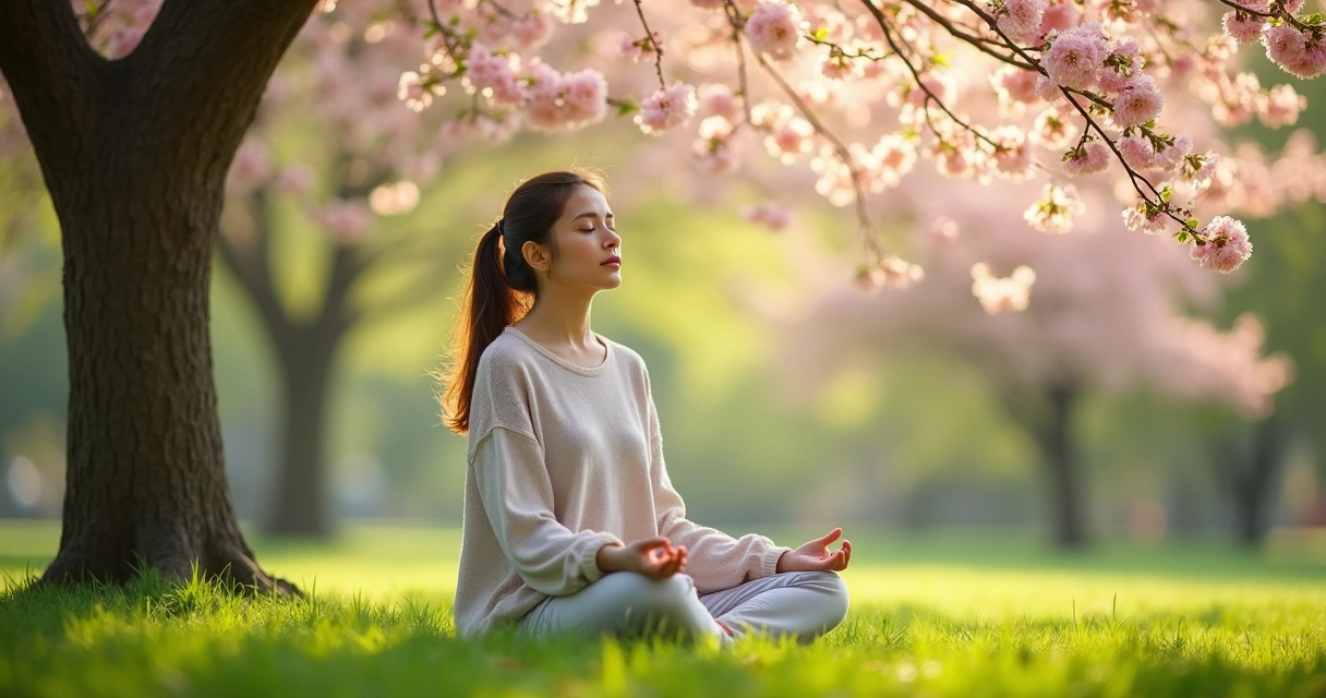 Pessoa meditando em um parque durante a primavera 